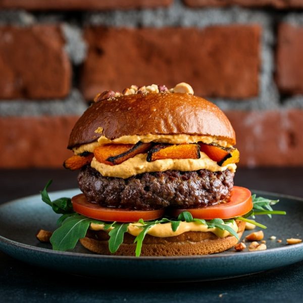 Burger with pumpkin mayo, arugula, tomato, thin pumpkin wedges, patty, nuts, background, old brick wall