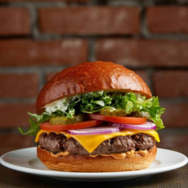 Brioche, salad, tomato, raw onions, cheese, ketchup, mustard, patty, pickle in the background old brick wall