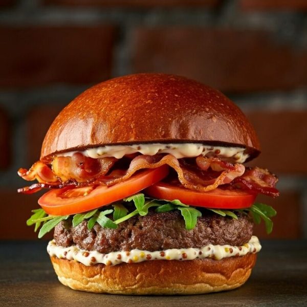 Brioche, mayo with mustard, arugula, tomato, bacon, patty in the background old brick wall