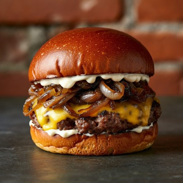 Brioche, mayo, braised onion, cheese, smashed patty in the background old brick wall