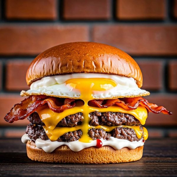 Burger bun, 2 thin patty, slice cheese, bacon, mayo, bbq sauce, grilled onions, fried egg, in front of old brick wall