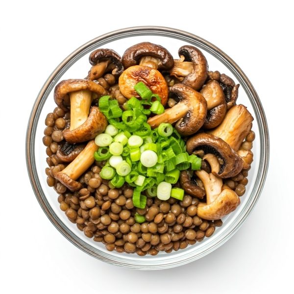 Bowl,With,Various,Seared,Mushrooms,Beluga,Lentils,And,Cut,Spring