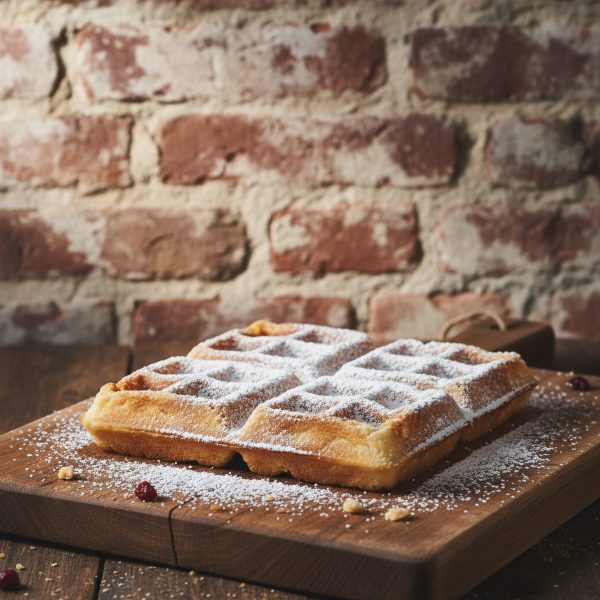 Belgian,Waffle,With,Icing,Sugar,On,Board,In,Front,Of