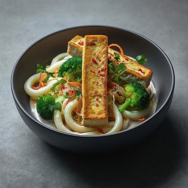3 thick strips of tofu on broccoli, carrots in strips, paprika, bamboo, cress, in coconut sauce and a little udon noodles and parsley, on wood in round glass bowl with brick background