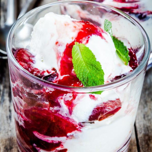 Homemade,Ice,Cream,With,Roasted,Plums,In,A,Glass,On