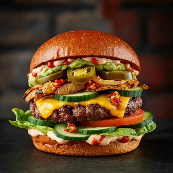Burger,,With,Patty,,Salad,,Tomato,,Cheese,,Jalapenos,,Onions,,Cucumber,,Grilled